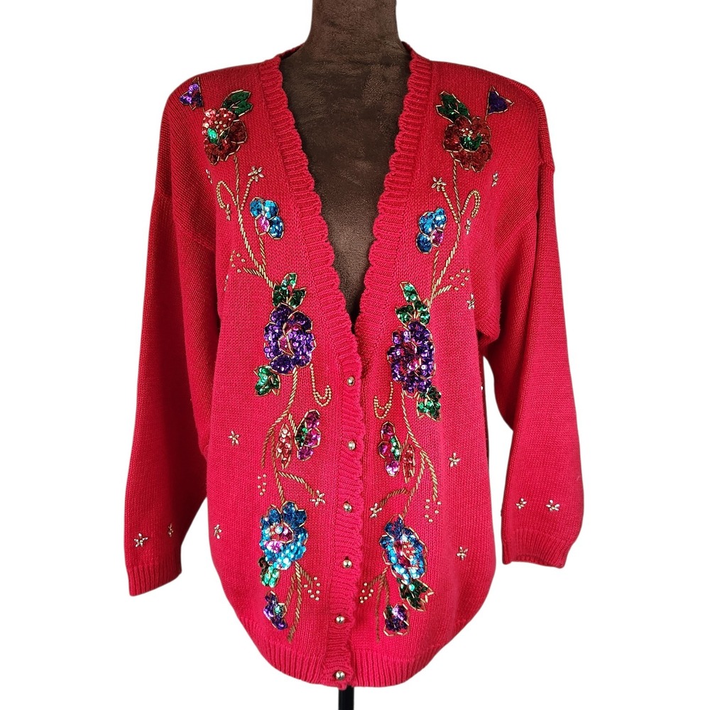 VTG 1980s Celina Yang Red Cardigan Sweater Size S‎ Oversized Multicolor Sequin